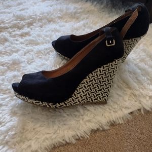 Black and tweed heeled wedges